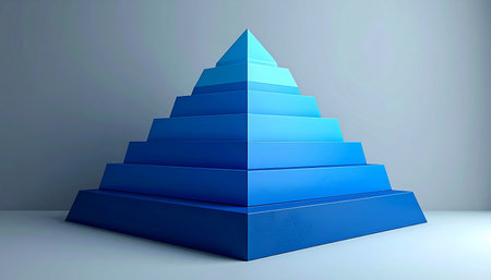 Pyramid of blue color on a gray background. 3d renderingの素材