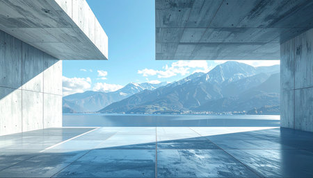 Empty concrete room with lake and mountains in the background. 3d renderingの素材