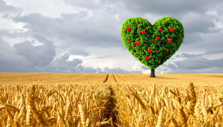 Heart shaped tree growing on wheat field. Concept of love and agriculture.の素材