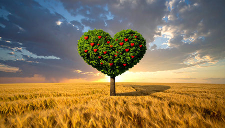 Heart shaped tree in a wheat field. 3D Rendering.の素材