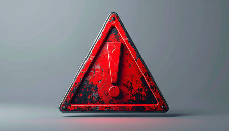 Warning triangle with exclamation mark on gray background. 3D renderingの素材