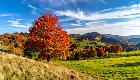 panoramic view of autumnal landscape with colorful trees on hillside. beautiful alpine sceneryの素材