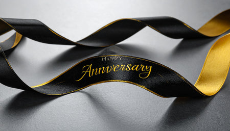 Black ribbon with golden inscription happy anniversary on grey background, closeupの素材