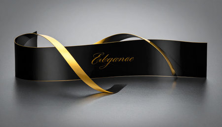 Black ribbon with gold bow on gray background. 3d illustration.の素材