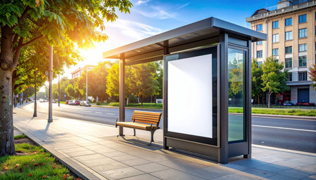 Bus stop with blank billboard in the city at sunset. 3d renderingの素材