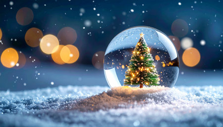 Snow globe with christmas tree and bokeh background 3D renderingの素材