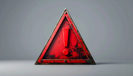 Warning triangle with exclamation mark on grey background. 3D renderingの素材