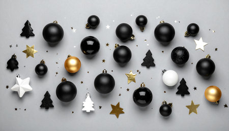 Black and gold christmas baubles on a gray background.の素材