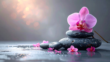 Spa still life with zen stones and orchid flower on dark backgroundの素材