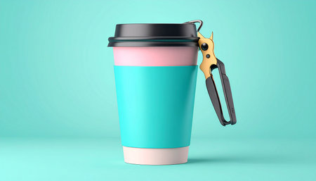 Coffee cup with scissor on turquoise backgroundの素材