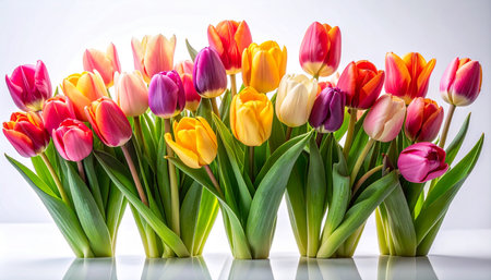 Colorful tulips on white background. Spring flowers. Bouquet of tulips.の素材
