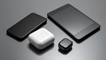 mobile phone and power bank on gray background, closeup of photoの素材