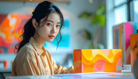 beautiful asian woman graphic designer working at her desk in officeの素材