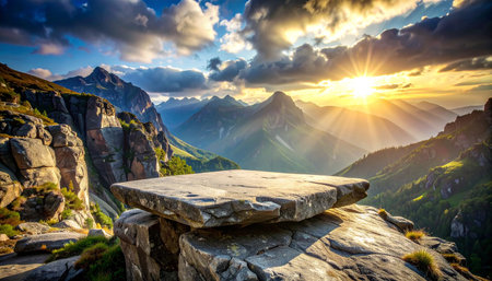 Empty table on top of the mountain. Beautiful sunset in the mountains.の素材