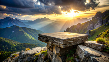 Mountain landscape with a wooden table in front of the sunset.の素材