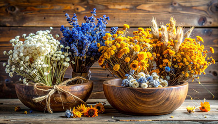 Dried flowers in wooden bowl on rustic wooden background. Rustic style.の素材