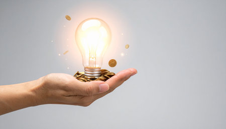 Hand holding lightbulb on grey background. Idea and innovation conceptの素材