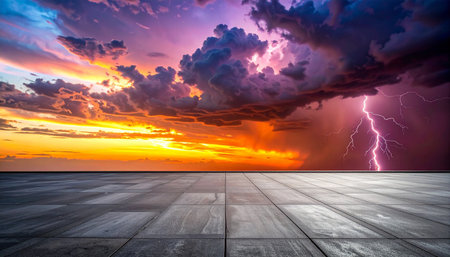 Empty square floor and dramatic sky with lightning at sunset background. Perspective view.の素材