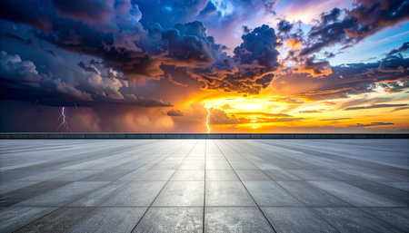 Empty square floor and dramatic sky with lightning at sunset,high angle viewの素材