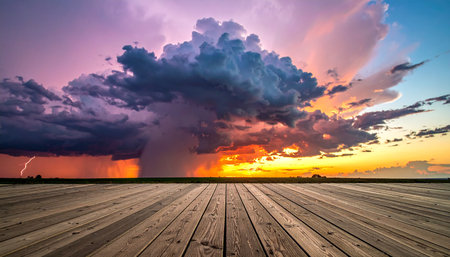Pouring rain on the wooden floor with dramatic cloudscape at sunsetの素材