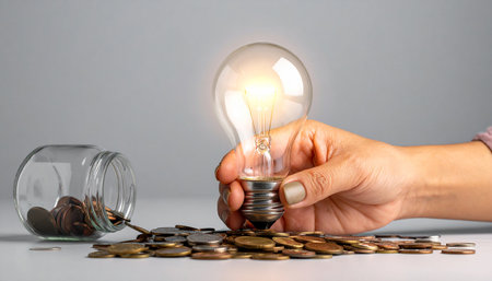 Woman hand holding light bulb with coins on gray background, idea and success conceptの素材