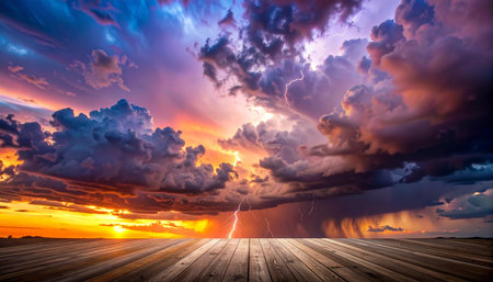 Dramatic sunset with lightning and wooden floor. Nature background.の素材