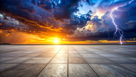 Empty square floor and thunderclouds at sunset sky background. Perspective view.の素材