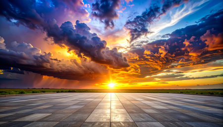 Empty square floor and dramatic sky with cloud at sunset or sunrise.の素材