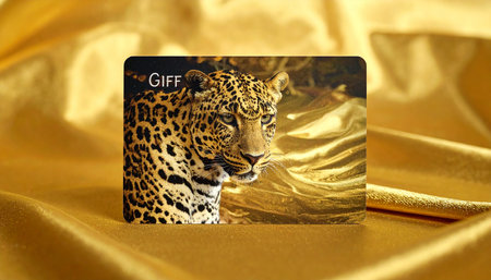 Leopard on gold background with gift card. Luxury concept.の素材