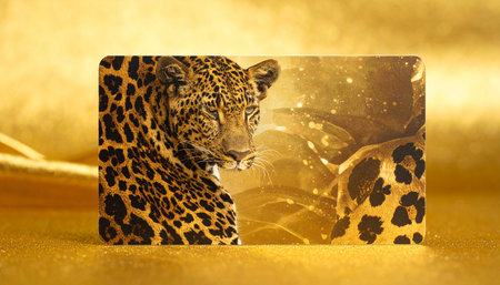 Leopard and gift box on golden background, close-up.の素材