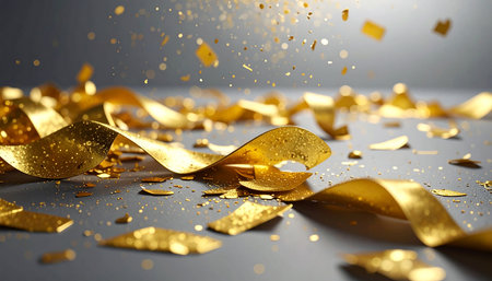 Golden confetti on a dark background. Festive background with gold confetti.の素材