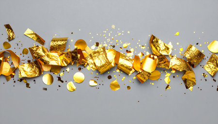 Gold confetti on a gray background. Christmas or New Year concept.の素材