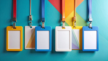 Colorful tags hanging on color background, top view. Space for textの素材