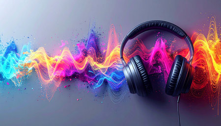 Headphones and abstract music wave background. Music concept. Vector illustrationの素材