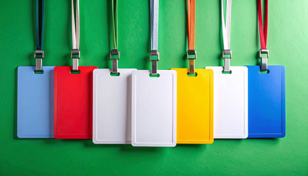 Colorful tags hanging on green wall, closeup. Banner designの素材