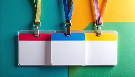 close up of a group of id cards with colorful ribbons on a colorful backgroundの素材