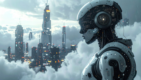 Robot humanoid in front of the modern city. 3d renderingの素材