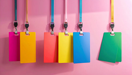 Colorful paper tags hanging on pink wall. 3D Renderingの素材