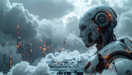 Cyborg and futuristic city concept. 3d rendering toned image double exposureの素材