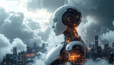 Cyborg woman on the background of the city. 3d renderingの素材