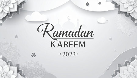 Ramadan Kareem Greeting Card. Ramadan Kareem Greeting Background with White Paper Cut Style.の素材