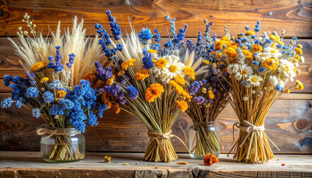 Bouquet of dried flowers in a vase on a wooden backgroundの素材