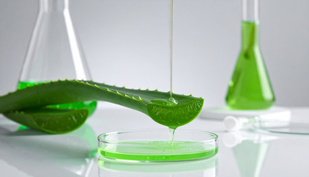 Aloe Vera plant with laboratory glassware on the white background.の素材