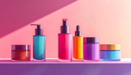 Cosmetics bottles on shelf against pink wall. 3d rendering.の素材