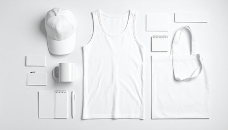 White t-shirt mockup on white background. Flat lay, top view.の素材