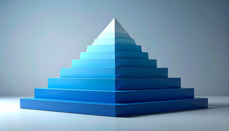 Blue pyramid on a blue background. 3d rendering, 3d illustration.の素材