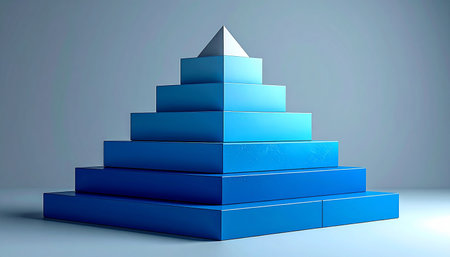 Blue pyramid on blue background. 3D illustration. 3D rendering.の素材