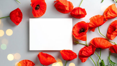 Red poppies on white background with copy space. Flat lay.の素材