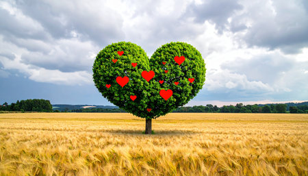 Heart shaped tree in a wheat field with cloudy sky in the backgroundの素材