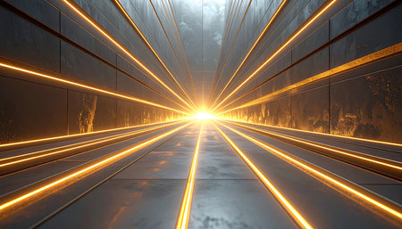 Futuristic corridor with glowing lights, 3d rendering illustration.の素材
